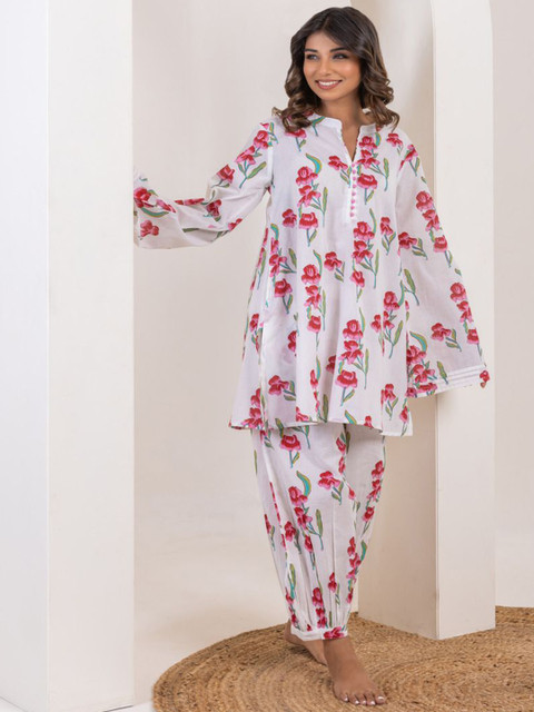 TARA-C-TARA Floral Printed Mandarin Collar Pure Cotton Tunic With Trouser