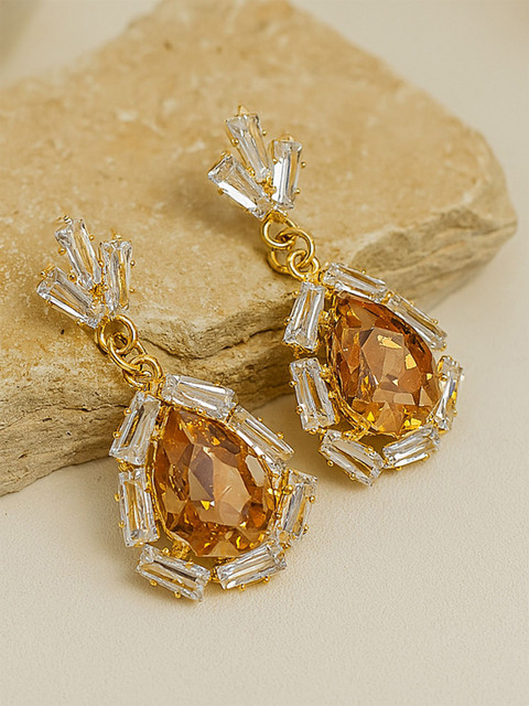 Bohey by KARATCART Gold-Plated American Diamond Studded Teardrop Shaped Drop Earrings