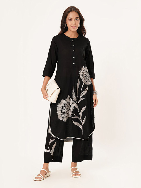 RANGMANCH BY PANTALOONS Floral Printed Mandarin Collar Gotta Patti Pure Cotton Kurta