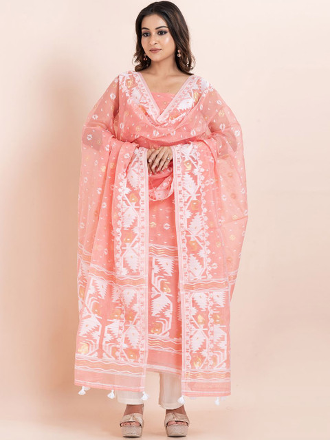 Durga Handloom Jamdani Woven Design Zari Pure Cotton Unstitched Kurti with Dupatta Dress Material