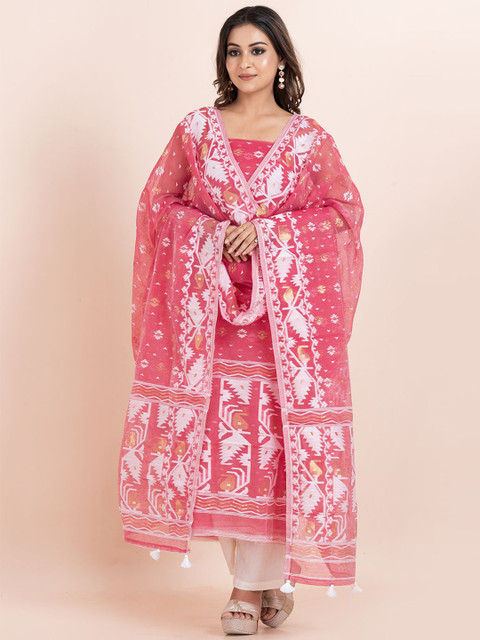 Durga Handloom Jamdani Woven Design Zari Pure Cotton Unstitched Kurti with Dupatta Dress Material