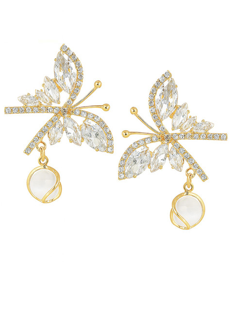 Bohey by KARATCART Gold-Plated AD Studded & Artificial Beaded Butterfly Drop Earrings - Image 2