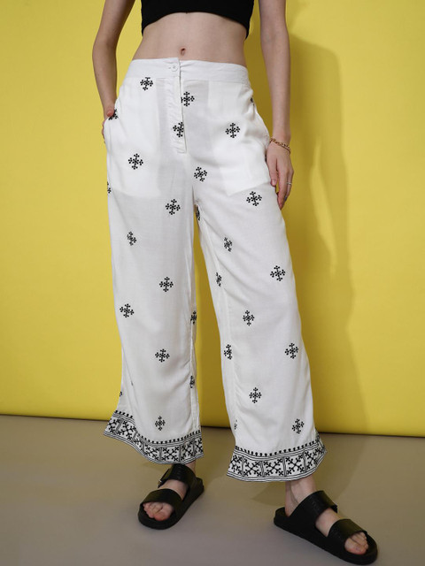 LIMEROAD Women Ethnic Off White Embroidered Rayon Fusion Palazzo