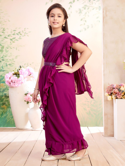 BAESD Girls Embroidered Pure Georgette Choli & Lehenga Saree With Attachable Dupatta - Image 4