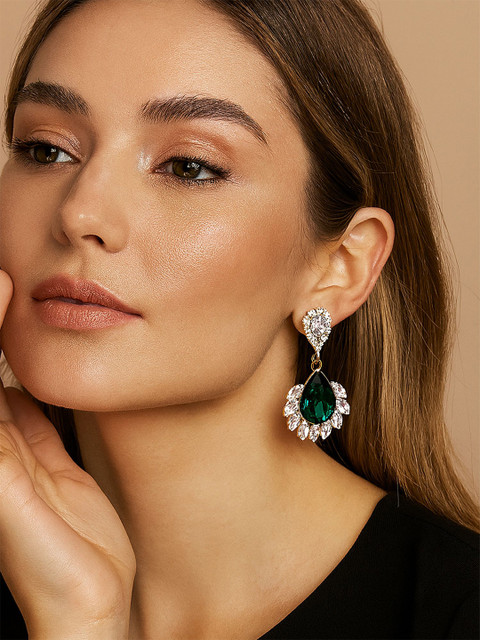 Bohey by KARATCART Gold-Plated American Diamond Studded Teardrop Shaped Drop Earrings