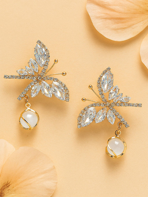 Bohey by KARATCART Gold-Plated AD Studded & Artificial Beaded Butterfly Drop Earrings