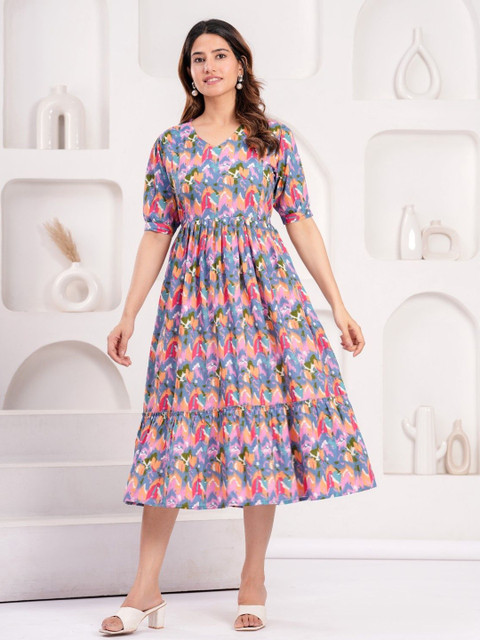 mad fury Women Printed Puff Sleeve Maternity Pure Cotton Fit and Flare Midi Dress