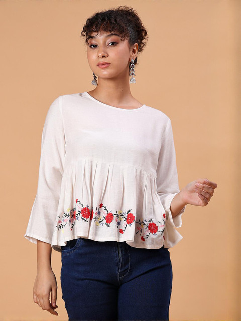 LIMEROAD Women Ethnic Embroidered Rayon Round Neck Top