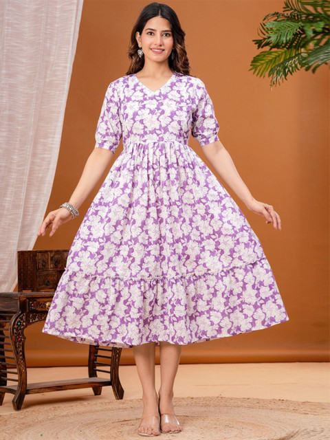 mad fury Women Floral Printed Puff Sleeve Maternity Pure Cotton Fit and Flare Midi Dress