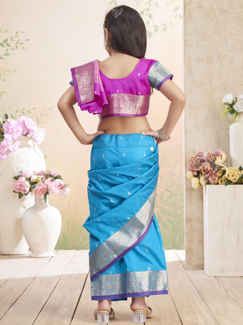 BAESD Girls Ethnic Motifs Woven Design Zari Block Print Ready to Wear Saree - Image 3