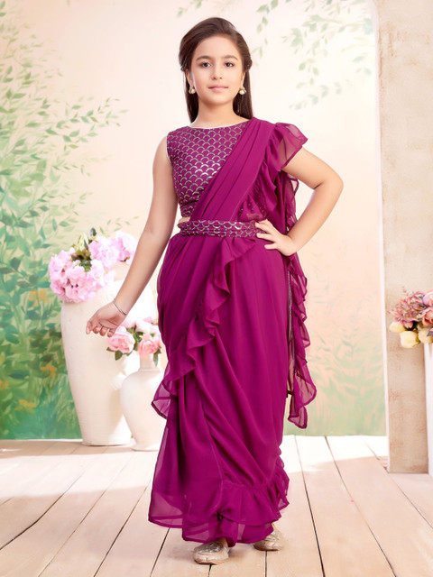 BAESD Girls Ruffles Sequin Embroidery Pure Georgette Lehenga Saree With Attachable Dupatta