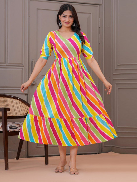 FEMARY Women Striped V-Neck Fit and Flare Maternity Maxi Dress