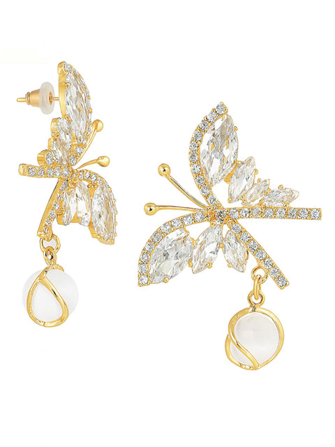 Bohey by KARATCART Gold-Plated AD Studded & Artificial Beaded Butterfly Drop Earrings - Image 3