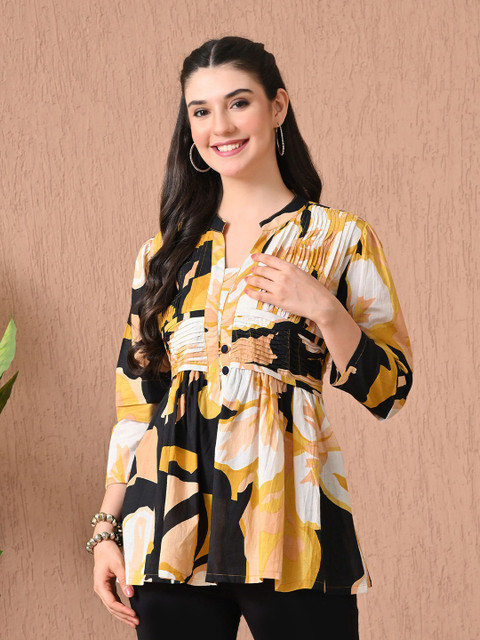 Anouk Rustic Floral Printed Mandarin Collar Pure Cotton A-Line Kurti