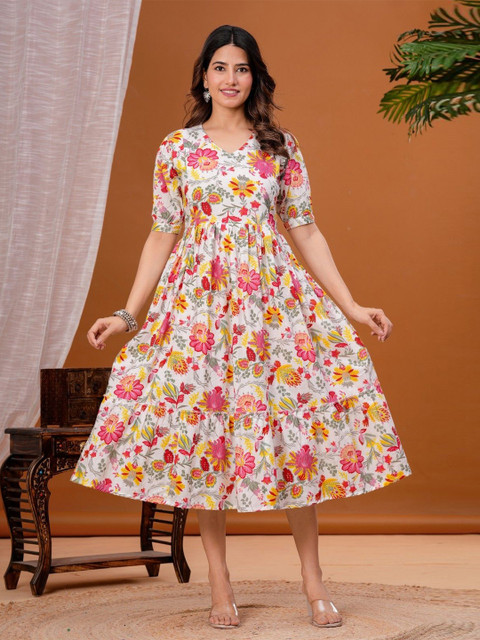 mad fury Floral Print Puff Sleeve Maternity Dress