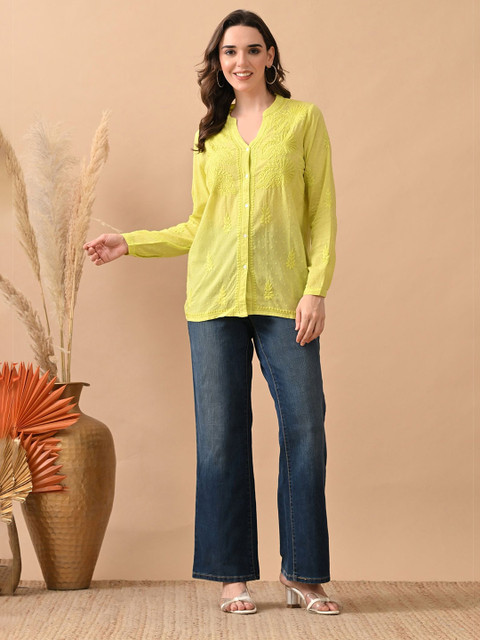 Mehr-O-Maah Women V-Neck Ananya Chikankari Embroidered Cotton Shirt Style Top