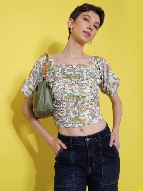 LIMEROAD Women Ethnic Printed Rayon V Neck Fusion Puff Sleeve Top