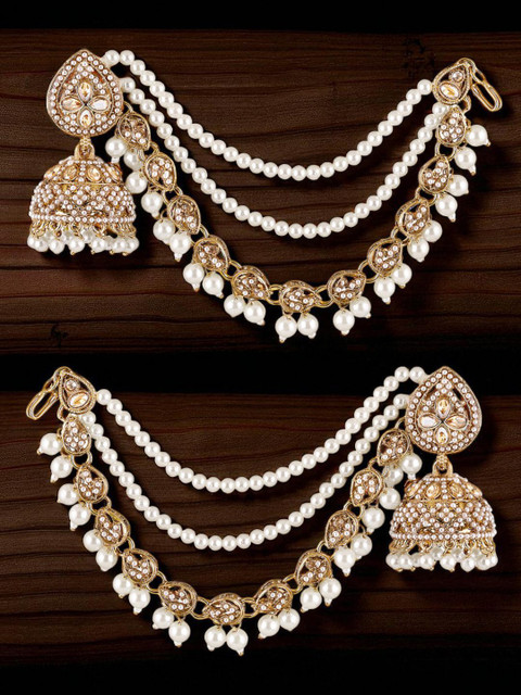 OOMPH Kundan Studded & Artificial Beaded Dome Shaped Jhumkas With Ear Chains