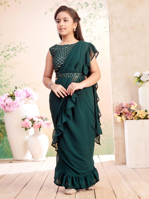 BAESD Girls Sequinned Pure Georgette Ruffles Saree With Attachable Dupatta