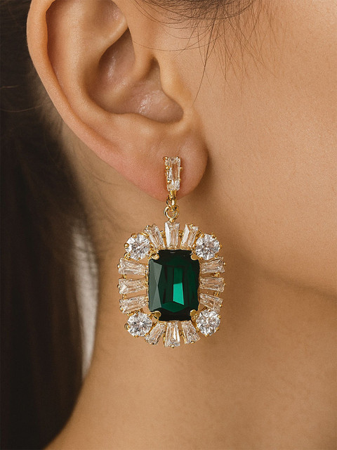 Bohey by KARATCART Gold-Plated American Diamond Studded Square Shaped Drop Earrings - Image 4