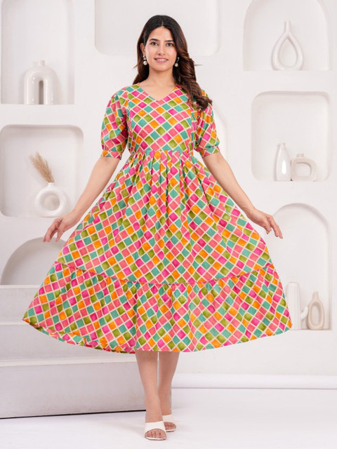 mad fury Women Geometric Printed Puff Sleeve Maternity Fit and Flare Dress