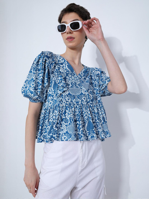 LIMEROAD Women Ethnic Printed Cambric V Neck Fusion Top