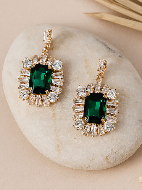 Bohey by KARATCART Gold-Plated American Diamond Studded Square Shaped Drop Earrings