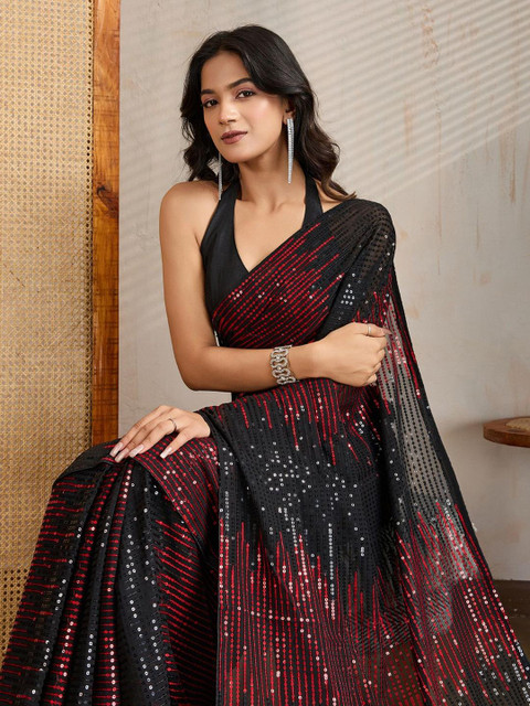 FashionsEye Embellished Sequinned Pure Georgette Saree With Blouse Piece