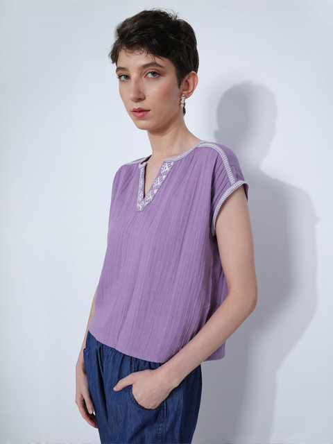 LIMEROAD Cotton Lavender Solid V neck Cap Sleeve Top