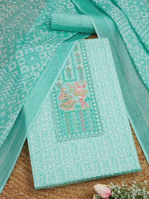 Soch Floral Printed Thread Work Cotton Unstitched Dress Material