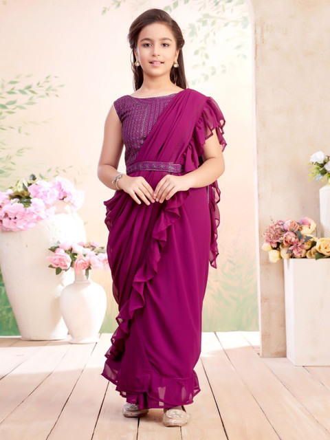 BAESD Girls Embroidered Pure Georgette Choli & Lehenga Saree With Attachable Dupatta