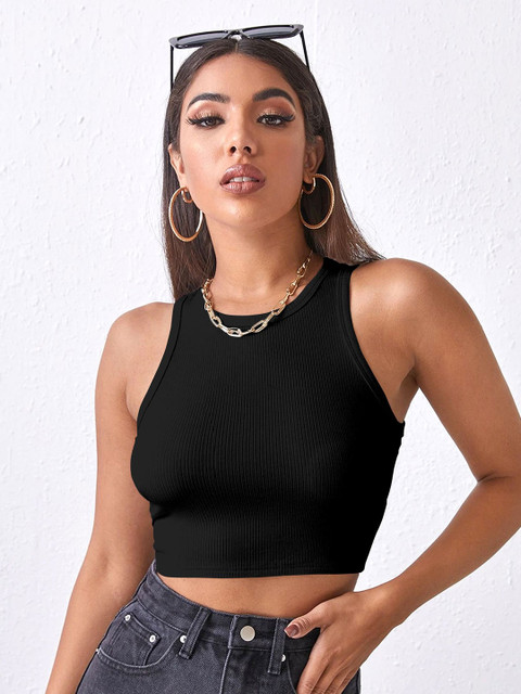 The Cloth Crow Women Black Ribbed Crop Tank Top