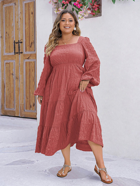 Sztori Women Plus Size Square Neck Puff Sleeves Tiered Fit and Flare Textured Midi Dress