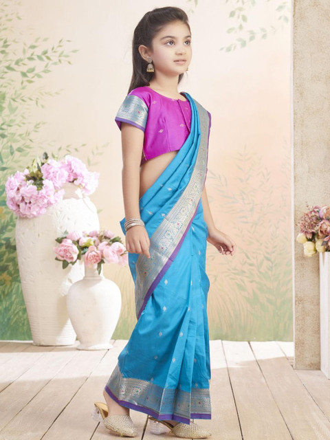 BAESD Girls Ethnic Motifs Woven Design Zari Block Print Ready to Wear Saree - Image 2