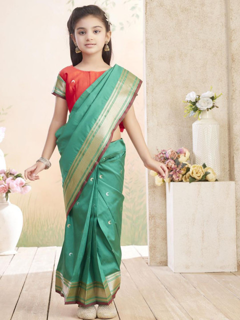 BAESD Girls Abstract Woven Design Zari Block Print Saree