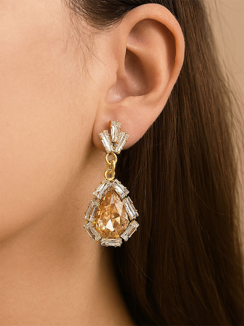 Bohey by KARATCART Gold-Plated American Diamond Studded Teardrop Shaped Drop Earrings - Image 4