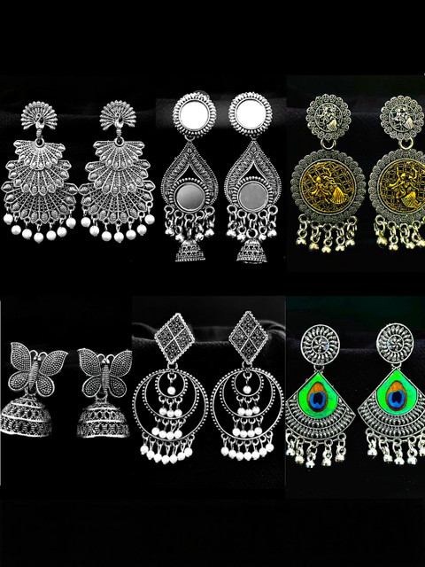 ANNORA INTERNATIONAL Women Pack of 6 Silver Plated Oxidised Jhumkas Earrings