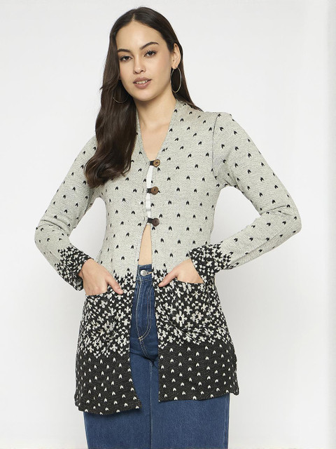 VIAZAA Women White & Black Floral Printed Longline Acrylic Shrug