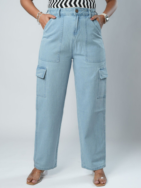 GlamZei Women Light Blue Pure Cotton Relaxed Fit Denim Cargo Jeans