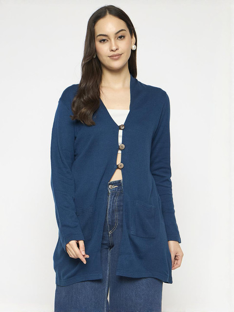 VIAZAA Women Longline Indigo Button Shrug