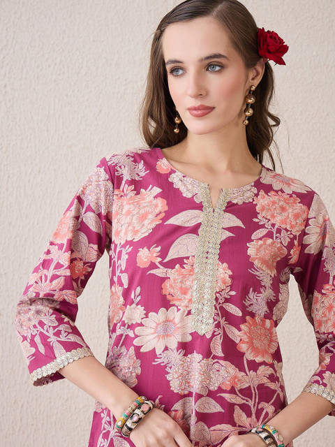 PHYSIL Floral Printed Gotta Patti Cotton Kurta