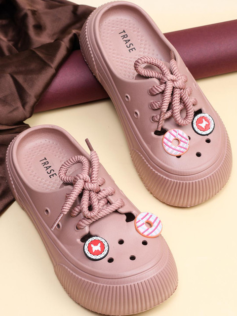 TRASE Women Peach Solid Lace Up Casual Slip On Clogs