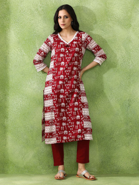 JAIPUR KURTI LUXE Women Warli Printed V-Neck Pure Cotton Straight Kurta