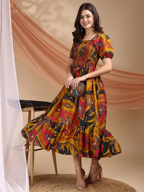 Pinly Women Abstract Printed Smocked Fit & Flare Dress