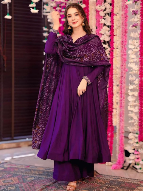 ZIRVI Women Purple Silk Blend Kurta Sets