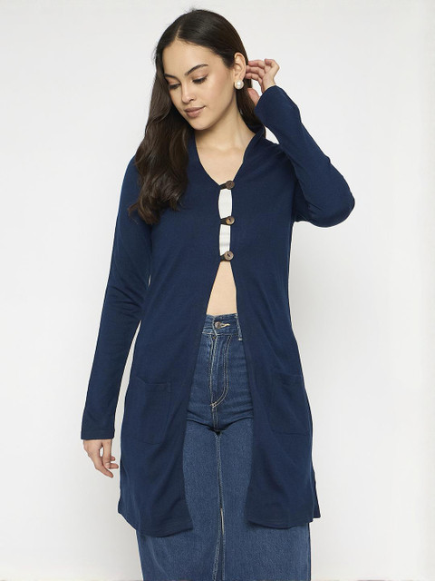 VIAZAA Women Navy Blue Long Sleeves Acrylic Longline Shrug