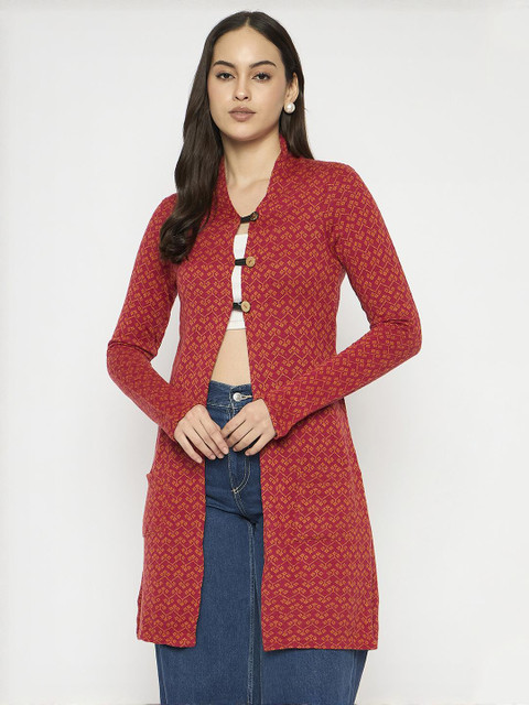 VIAZAA Women Orange Geometric Print V Neck Longline Long Sleeve Shrug