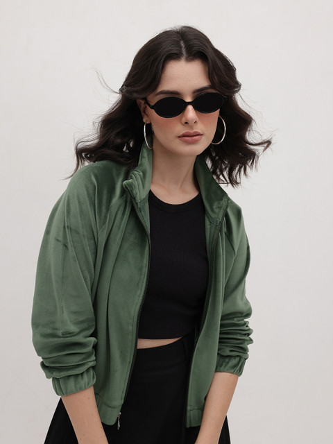 The Roadster Life Co. Velvet-Finish Mock Collar Bomber Jacket