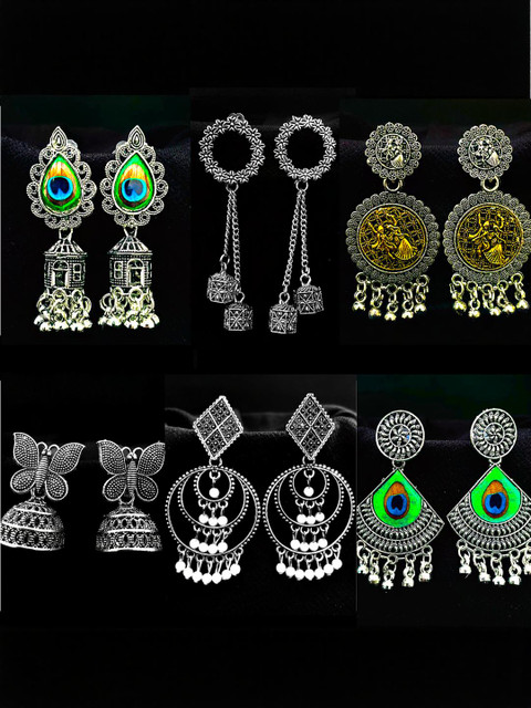 ANNORA INTERNATIONAL Women Pack of 6 Silver Plated Oxidised Jhumkas Earrings
