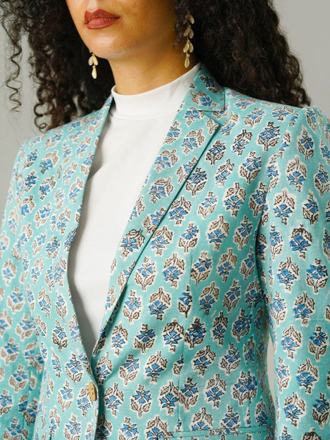 INDOPHILIA Printed Notched Lapel Cotton Single Breasted Blazer - Image 2